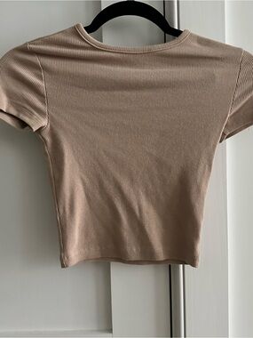 H&M Ribbed Short Sleeve Crop Top - Taupe